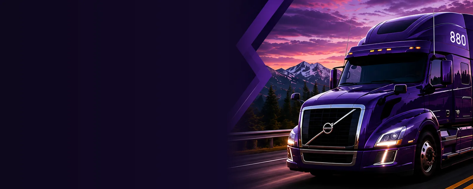 Purple semi-truck driving at sunset on a mountain highway
